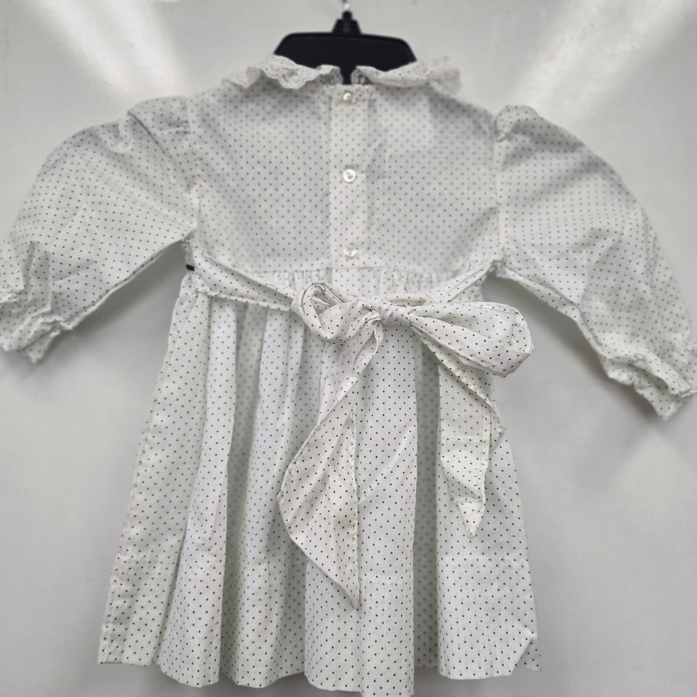 Polly Flinders Vintage Toddler Dress 2T Polka Dot Hand Smocked Dress Green White - Picture 2 of 11